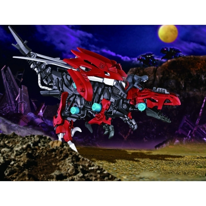 Red and black Zoid dinosaur toy with glowing blue accents, set against a moonlit, futuristic landscape.