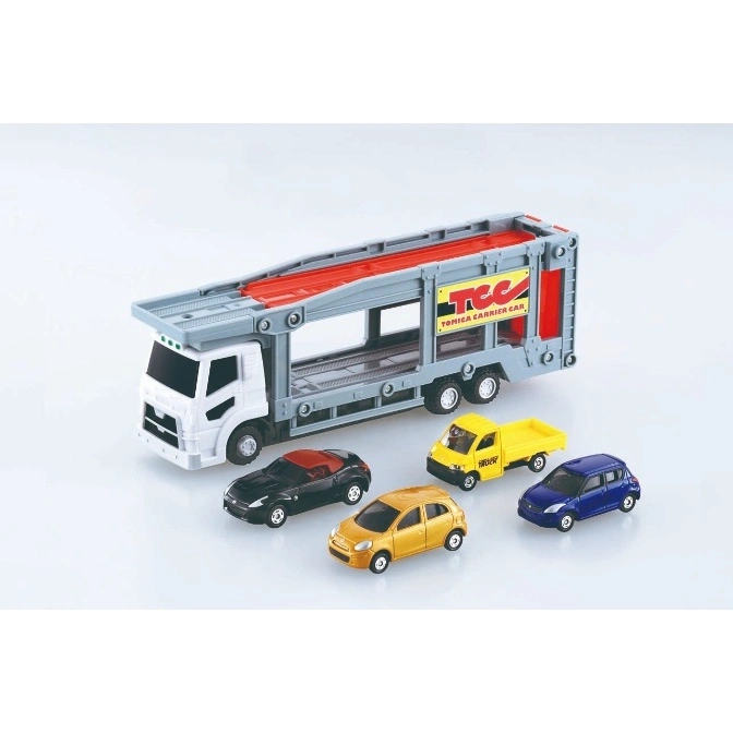 Tomica carrier truck with four toy cars: black convertible, yellow hatchback, yellow truck, and blue hatchback.