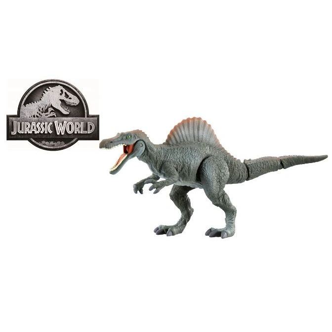 Spinosaurus dinosaur toy with sail on its back, standing next to the Jurassic World logo.