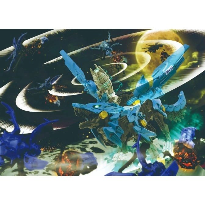  Blue robotic dragon toy with wings and a cannon on its back, amidst a space battle scene.