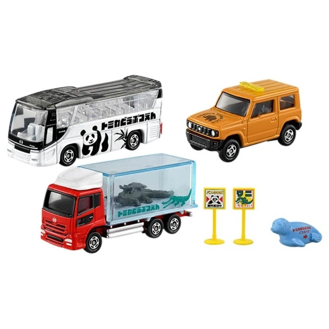  Tomica toy set: bus with panda, orange SUV, truck with crocodile, signs, and seal figure.