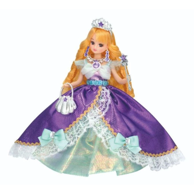 Doll in purple gown with tiara, jewelry, purse, and wand.