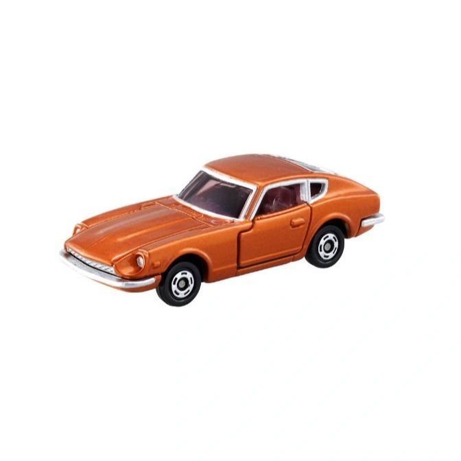 Orange toy Datsun 240Z car with silver trim and black wheels.