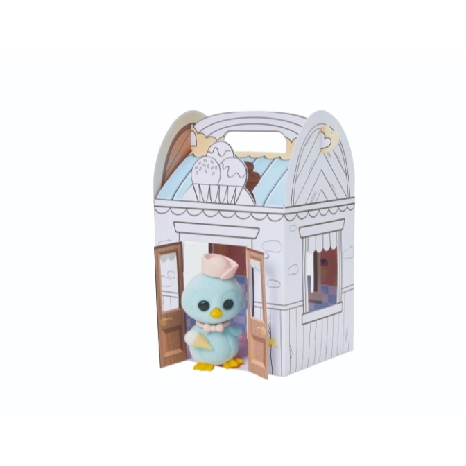  Blue bird toy in an ice cream shop playset, holding a cone.