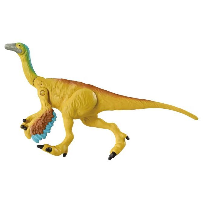 Yellow dinosaur toy with brown and blue feathers, long neck, and tail.