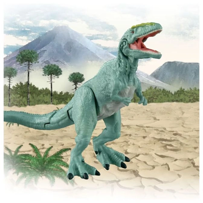  Blue dinosaur toy with open mouth standing on a desert landscape.