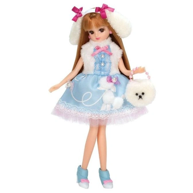 Licca-chan doll in a blue poodle-themed dress with matching headband and purse.