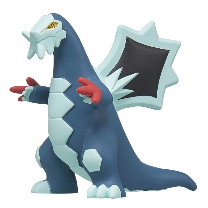 Blue and white dragon toy with red claws and black wings.