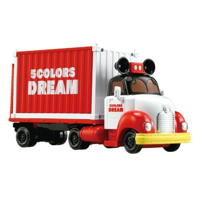  Toy truck with red trailer, white cab, and Mickey Mouse ears on top.