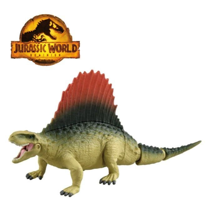 Dimetrodon dinosaur toy with red and black sail, Jurassic World logo in background.