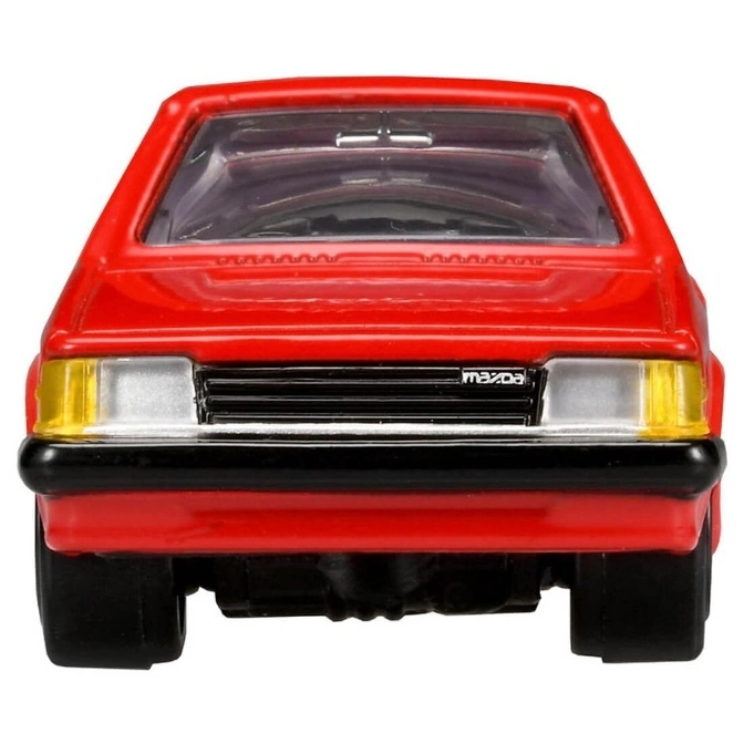  Red Mazda diecast toy car, front view. Features black grill and bumper, silver headlights with yellow turn signals.