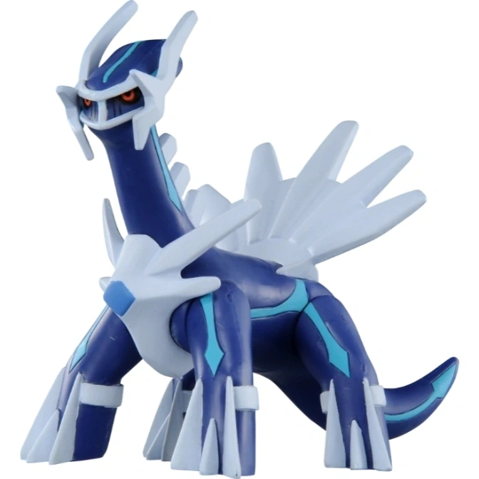 Dialga toy figure, blue and white with red eyes, standing.