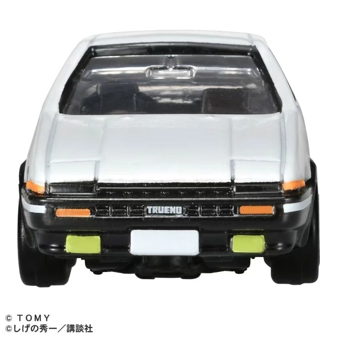  White AE86 Trueno toy car, rear view. Features include black trim, 'Trueno' badge, and visible taillights.