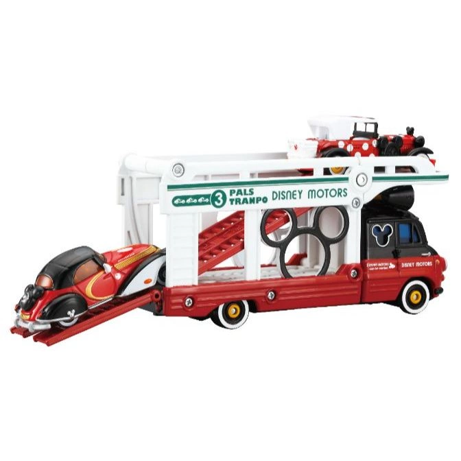  Disney Motors transporter toy with two cars, red and white, featuring Mickey Mouse theming.