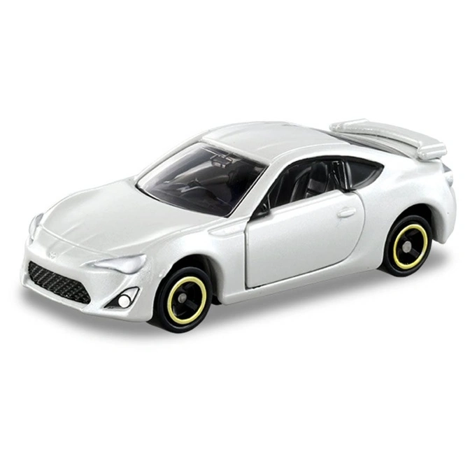  White toy car with spoiler and yellow-rimmed wheels.