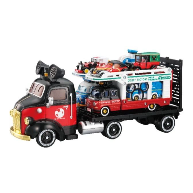  Mickey Mouse themed car carrier toy with multiple miniature vehicles on its trailer.