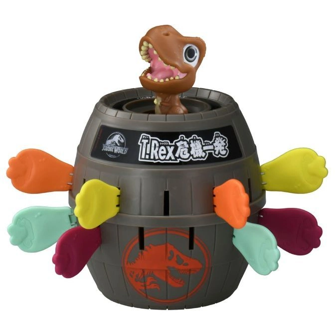 Jurassic World T-Rex barrel game with colorful push-in levers and a dinosaur popping out.