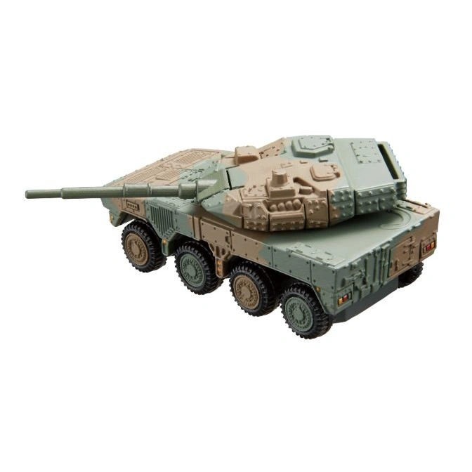  Camouflaged toy tank with eight wheels and a long barrel.