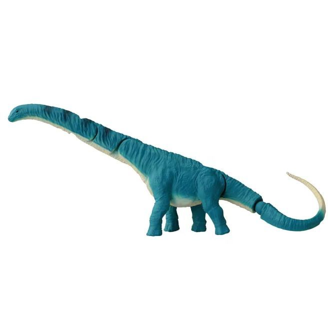 Blue Apatosaurus toy with long neck and tail.