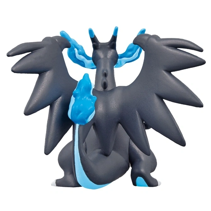  Charizard X toy figure with black body, blue flames, and large wings.