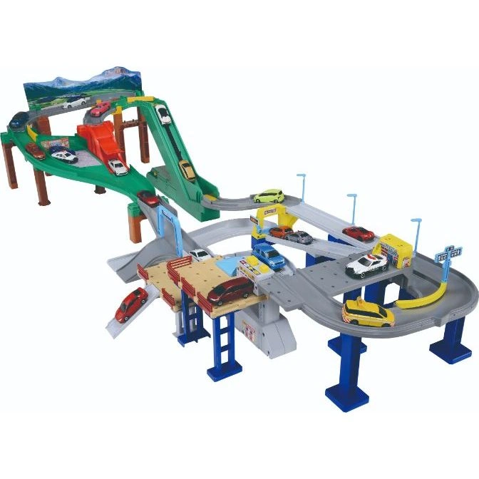  Toy car playset with ramps, bridges, and miniature vehicles on a multi-level track.