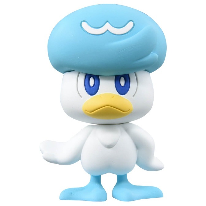 Quaxly toy figure with blue hat, yellow beak, and white body.