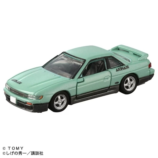 Mint green toy Nissan Silvia S13 with "AKINA" decal and spoiler.