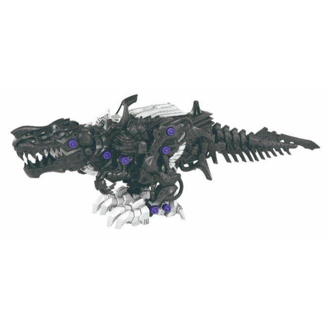  Black Zoids Dark Rex toy with purple accents and white claws, standing in a neutral pose.