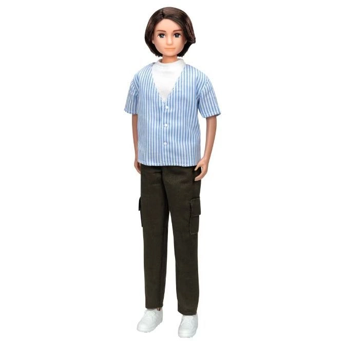  Male doll with brown hair wearing a striped shirt, cargo pants, and white sneakers.
