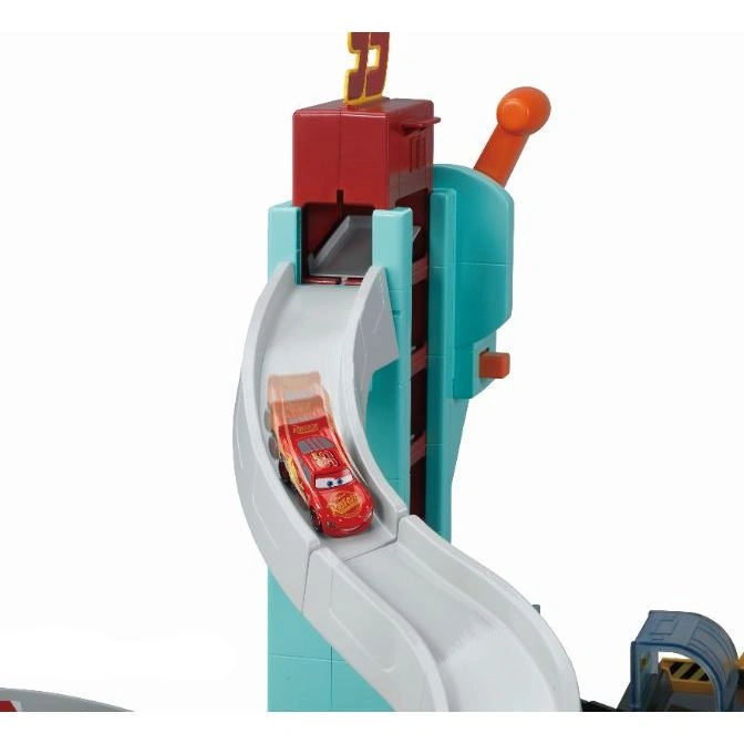  Toy car racing down a track with a lever-operated lift mechanism.