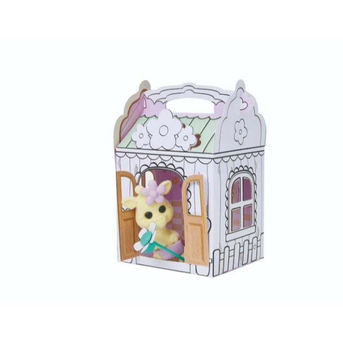  Toy giraffe in a playhouse holding a flower. Playhouse has windows and a fence.
