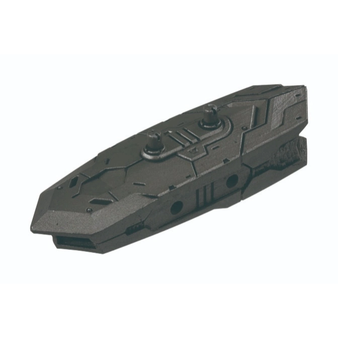 Black toy spaceship with detailed surface and two raised cylinders on top.
