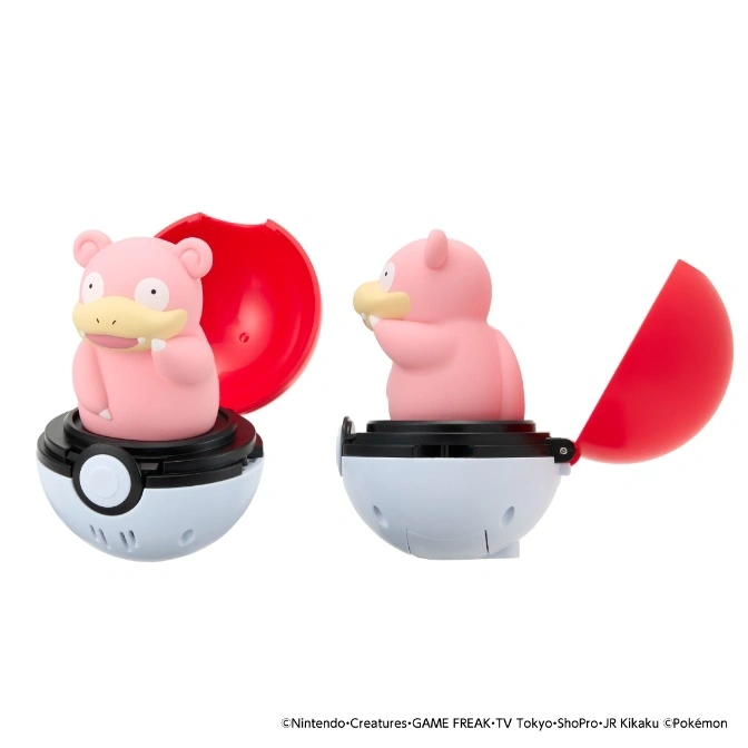 Two Slowpoke figures in Poké Balls with red lids open, showcasing the pink Pokémon inside.
