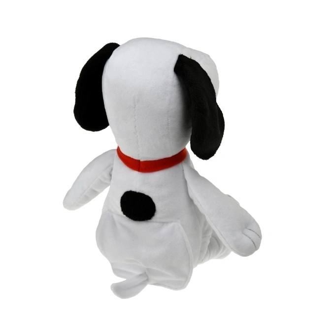  Snoopy plush toy with red collar and black spot, viewed from the back.