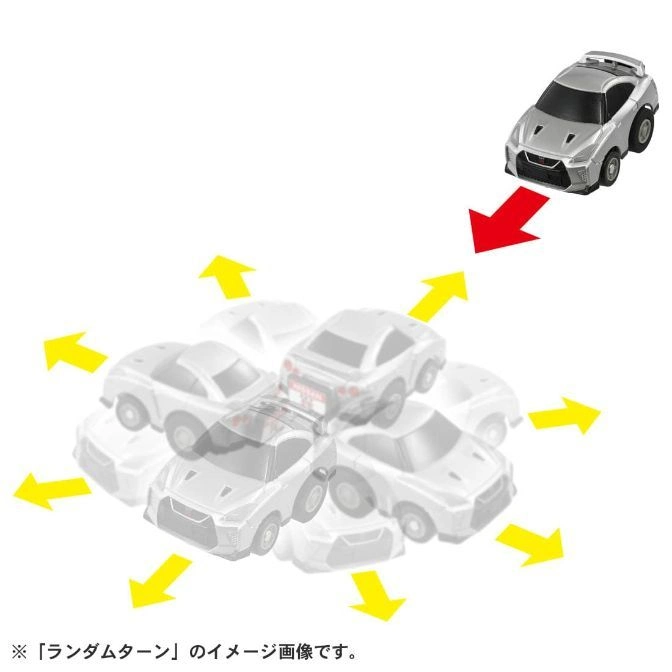  Silver toy car with arrows indicating random movement.