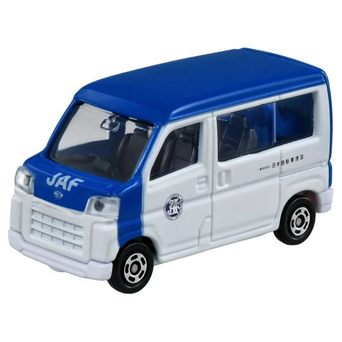 Blue and white JAF Daihatsu Hijet toy van with detailed features and realistic design.