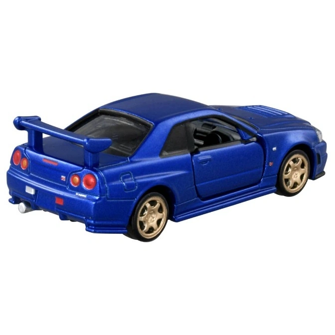  Blue toy Nissan Skyline GT-R (R34) with gold wheels and rear spoiler.