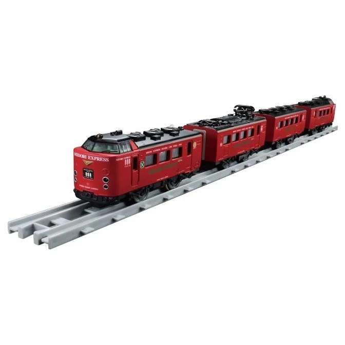 Red Midori Express toy train on gray tracks. A detailed model with multiple cars.