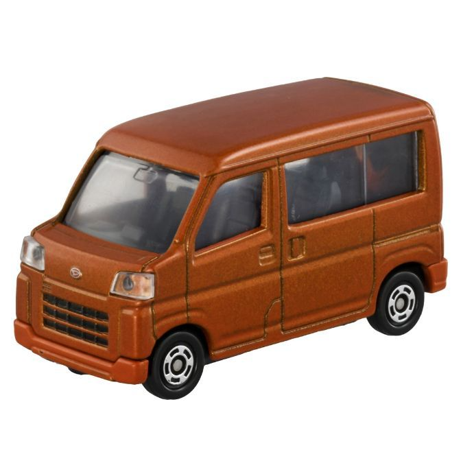 Orange toy van with black wheels and detailed front grill.