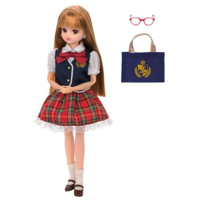 Licca doll in school uniform with glasses and tote bag.