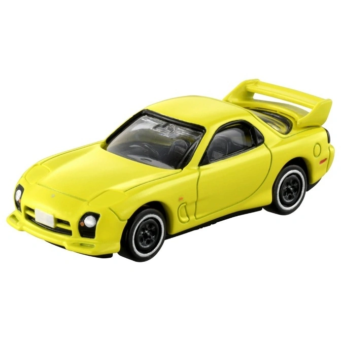Yellow Mazda RX-7 toy car with spoiler, black wheels, and detailed interior.
