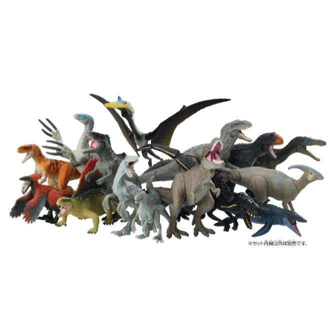 Dinosaur toy set featuring various species in dynamic poses, showcasing detailed textures and colors.
