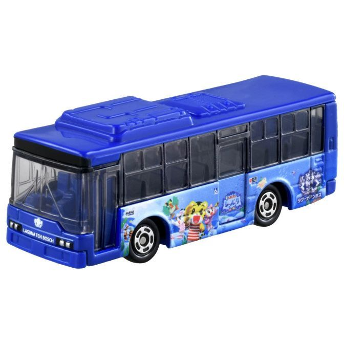 Blue Laguna Ten Bosch toy bus with cartoon graphics on the side.