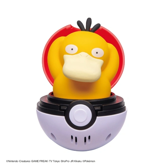 Psyduck toy in a Poké Ball. Yellow duck with hands on head.