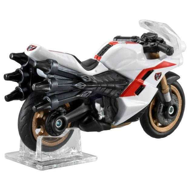  White toy motorcycle with red accents and multiple exhaust pipes, displayed on a clear stand.