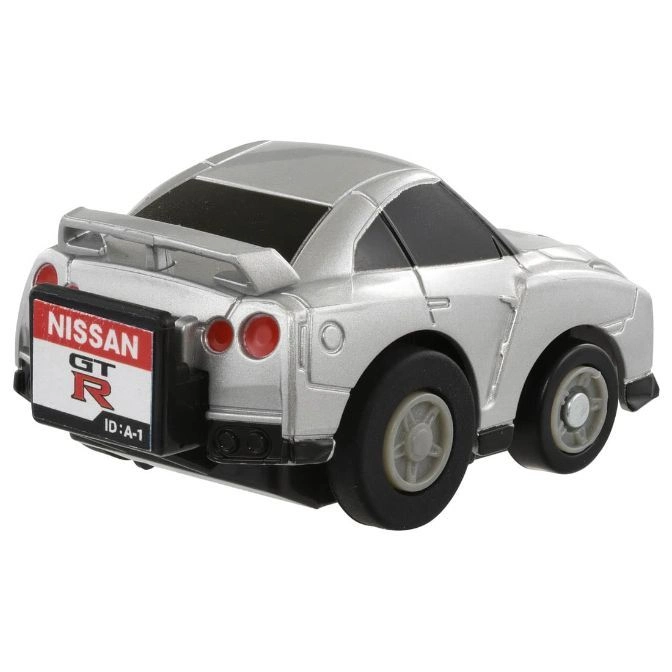  Silver toy Nissan GT-R with a spoiler and a license plate that says "NISSAN GT R ID:A-1".