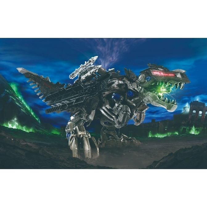  Zoids Death Stinger model kit with glowing eyes and mouth, standing on a rocky surface.
