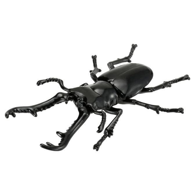 Black stag beetle toy with prominent mandibles and six legs.