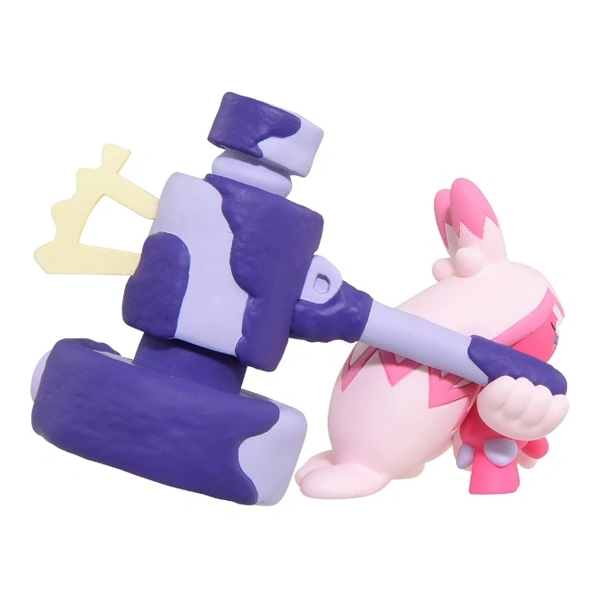  Pink toy figure being hit by a purple hammer toy, suggesting a playful or humorous scene.