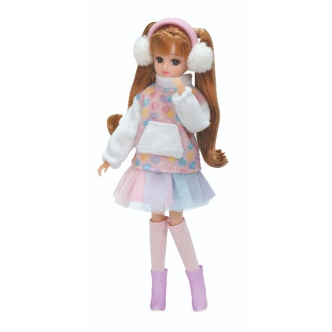 Licca-chan doll with earmuffs, pastel skirt, and boots.